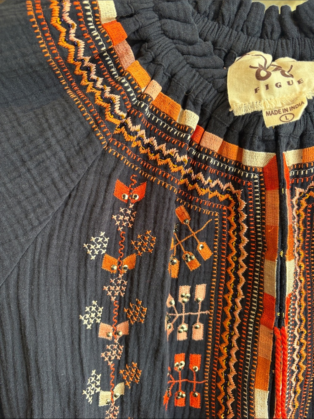 Navy Embroidered Peasant Blouse with Coral Accents - Picture 3 of 6
